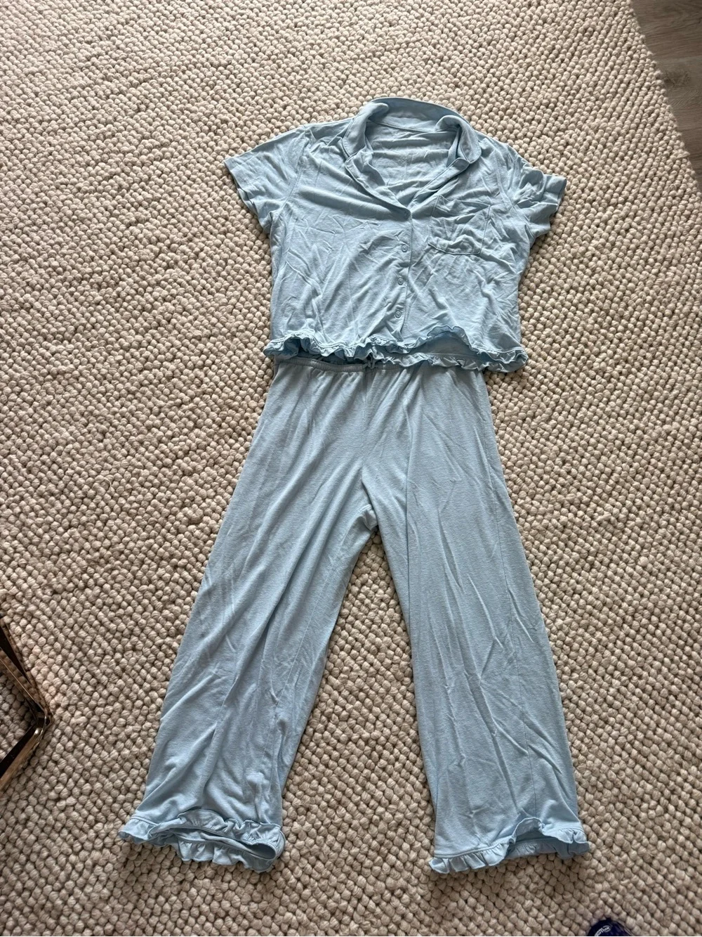 Sky Blue Women's Pajama Set- Soft Ruffle Detail
